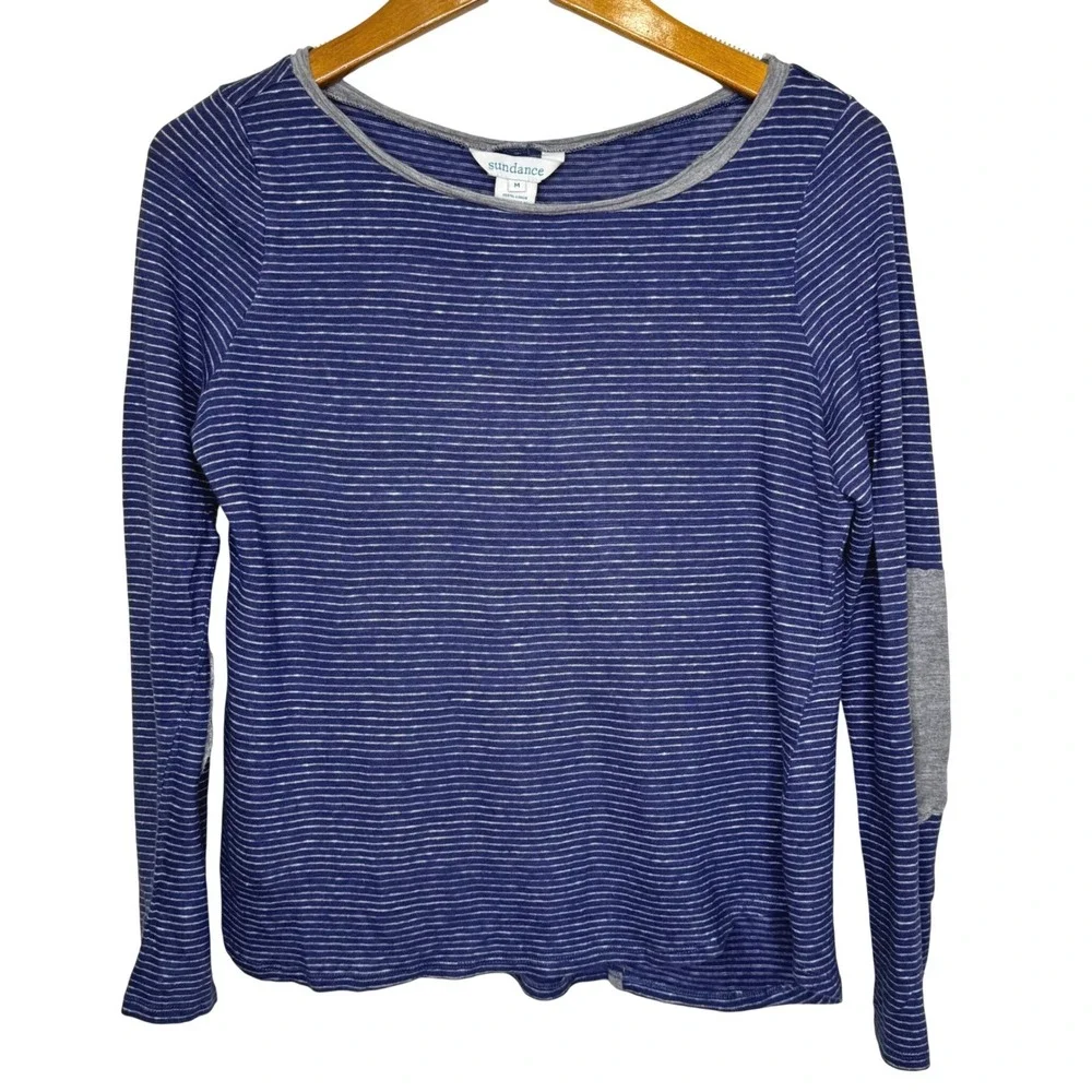 Sundance Striped Top Linen Elbow Patches Women's Medium‎ Blue/Gray